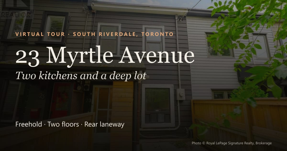23 Myrtle Avenue, South Riverdale, Toronto: the front of a dark-sided freehold row house behind a wooden fence.