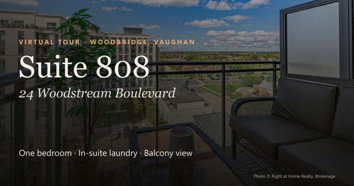 Suite 808, 24 Woodstream Boulevard, Woodbridge, Vaughan: a balcony with a wide view over the neighbourhood.